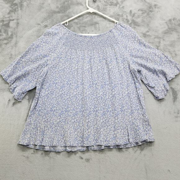 Caffe Marrakesh Top Womens L Blue Floral Shirred Ruffled Short Sleeve Rayon - Picture 7 of 10